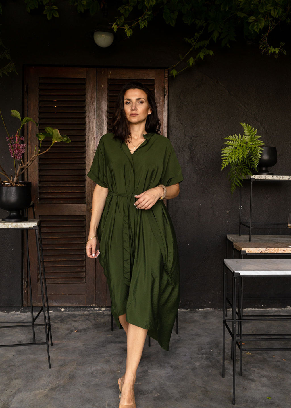 INDIA GREEN | PLEATED SHIRT DRESS
