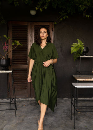 INDIA GREEN | PLEATED SHIRT DRESS