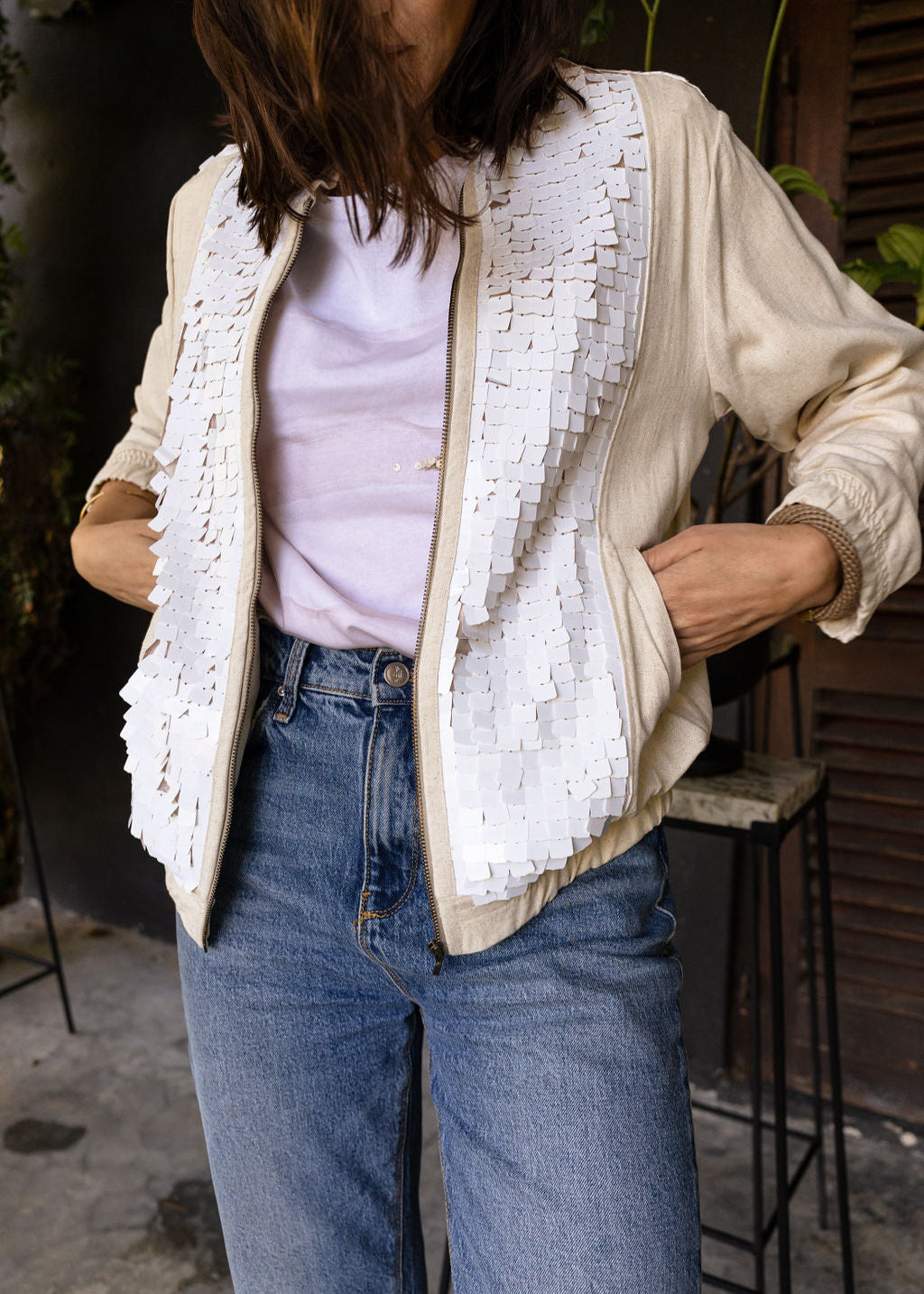 STONE + WHITE SEQUIN | BOMBER JACKET